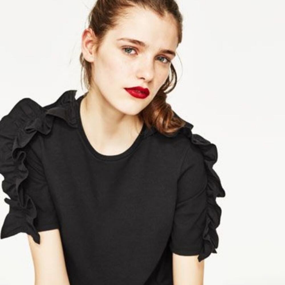 Zara Black Ruffle Short Sleeves Sweater Women's S Whimsical Preppy Dark Academia